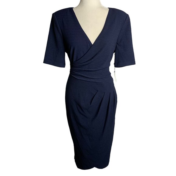 Adrianna Papell Dresses & Skirts - Adrianna Papell Rio Knit Sheath Dress 10 Blue V Neck Draped Lined Short Sleeve